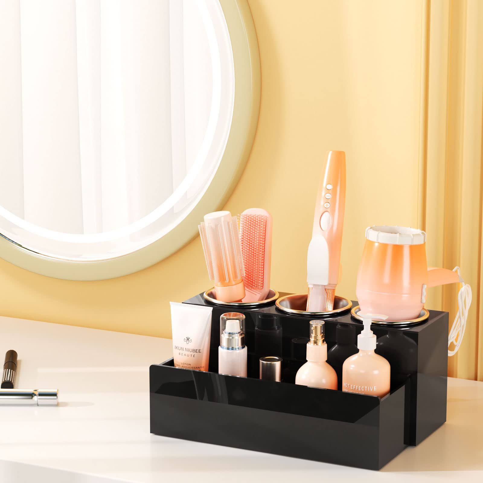 NIUBEE organiseur en usage avec sèche-cheveux pour gain d'espace