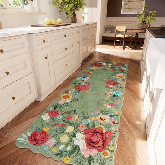 NoiFamo vue avant du tapis runner montrant motif floral et couleur verte bénéfice esthétique