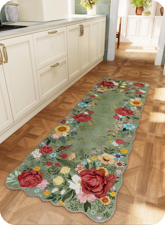 NoiFamo tapis face avant vert montrant motif floral et élégance