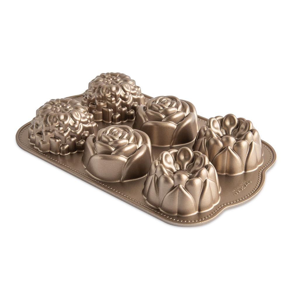 Nordic Ware moule Floral Cakelet toffee face avant montrant six cavités et finition toffee