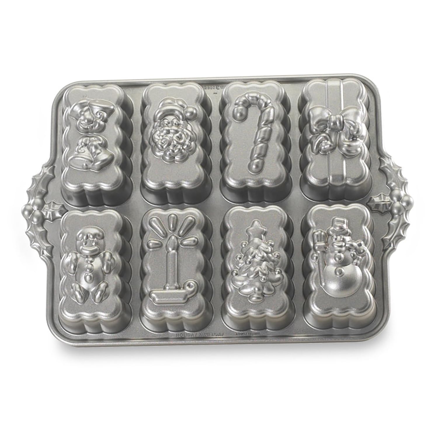 Nordic Ware vue de face du moule Holiday Mini Loaves avec huit motifs festifs, facilite la préparation de cadeaux