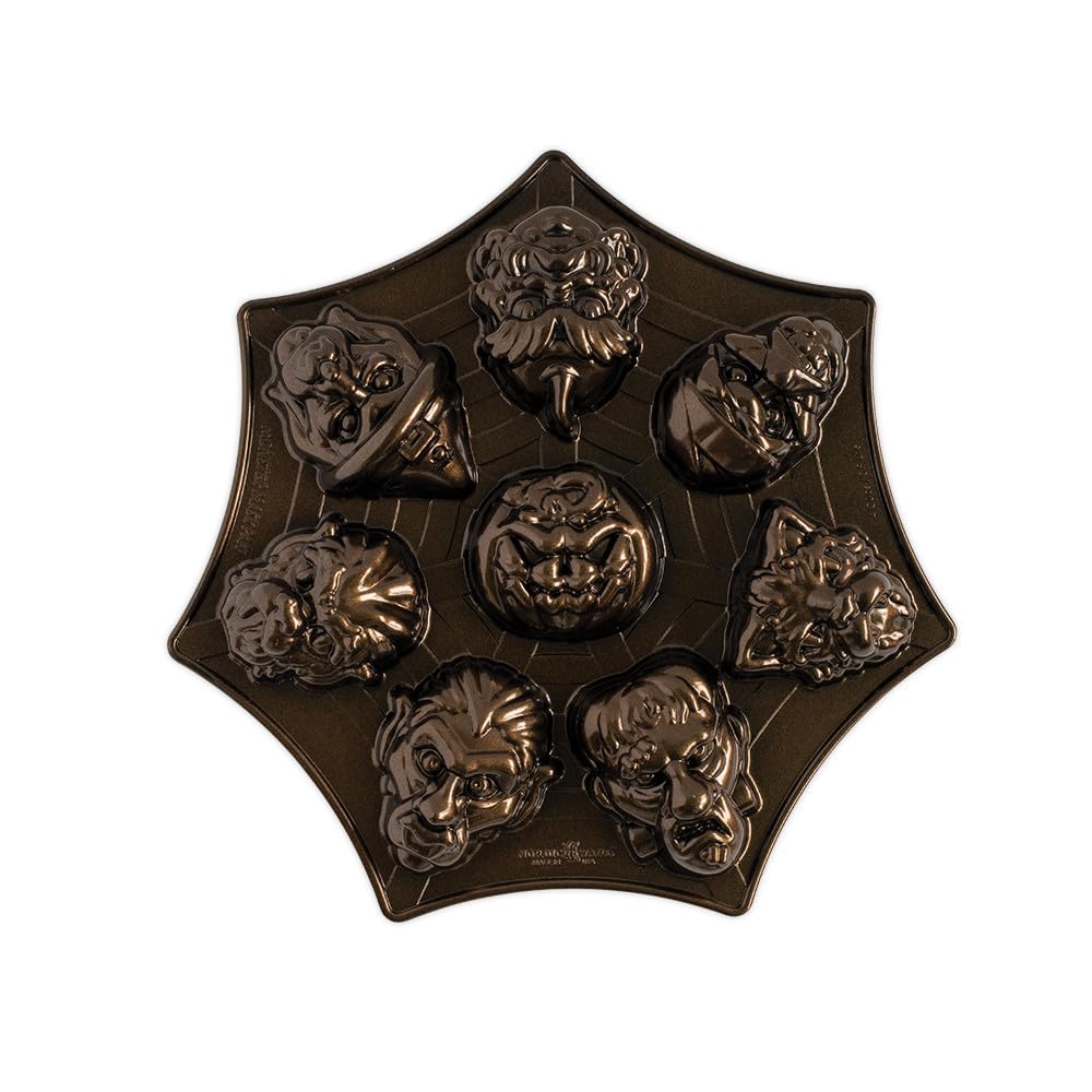 Nordic Ware vue avant du moule Monster Mask montrant huit visages, idéal pour fêtes
