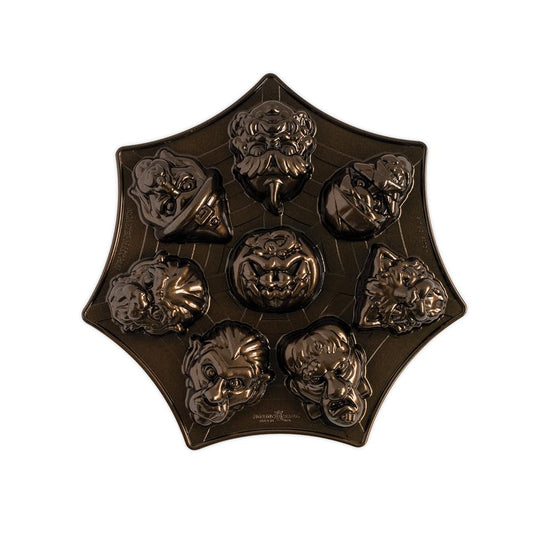 Nordic Ware vue avant du moule Monster Mask montrant huit visages, idéal pour fêtes