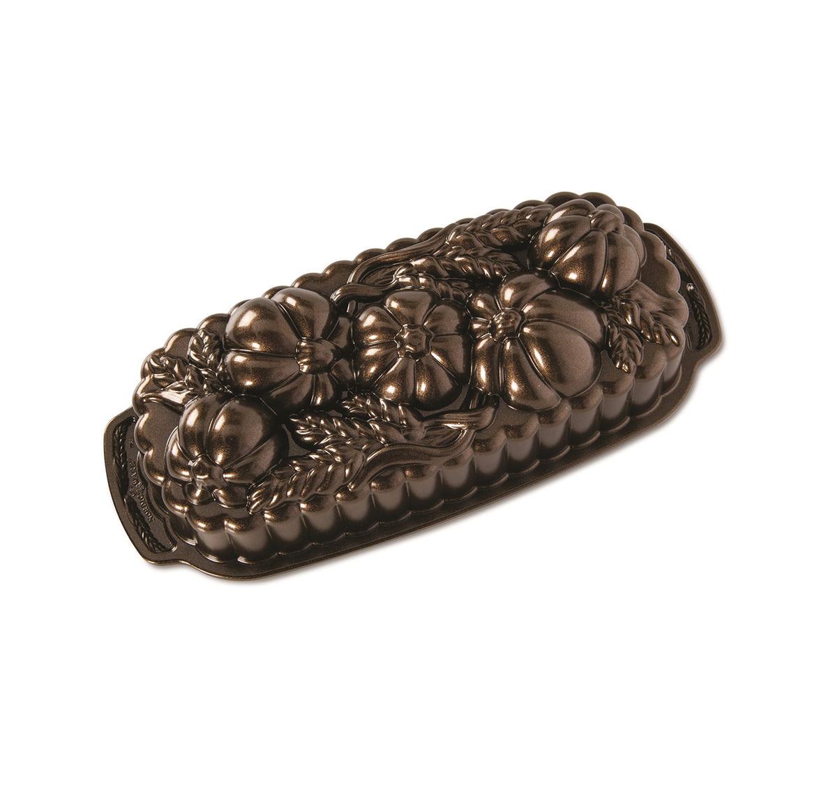 Nordic Ware vue avant du moule montrant motifs et finition bronze