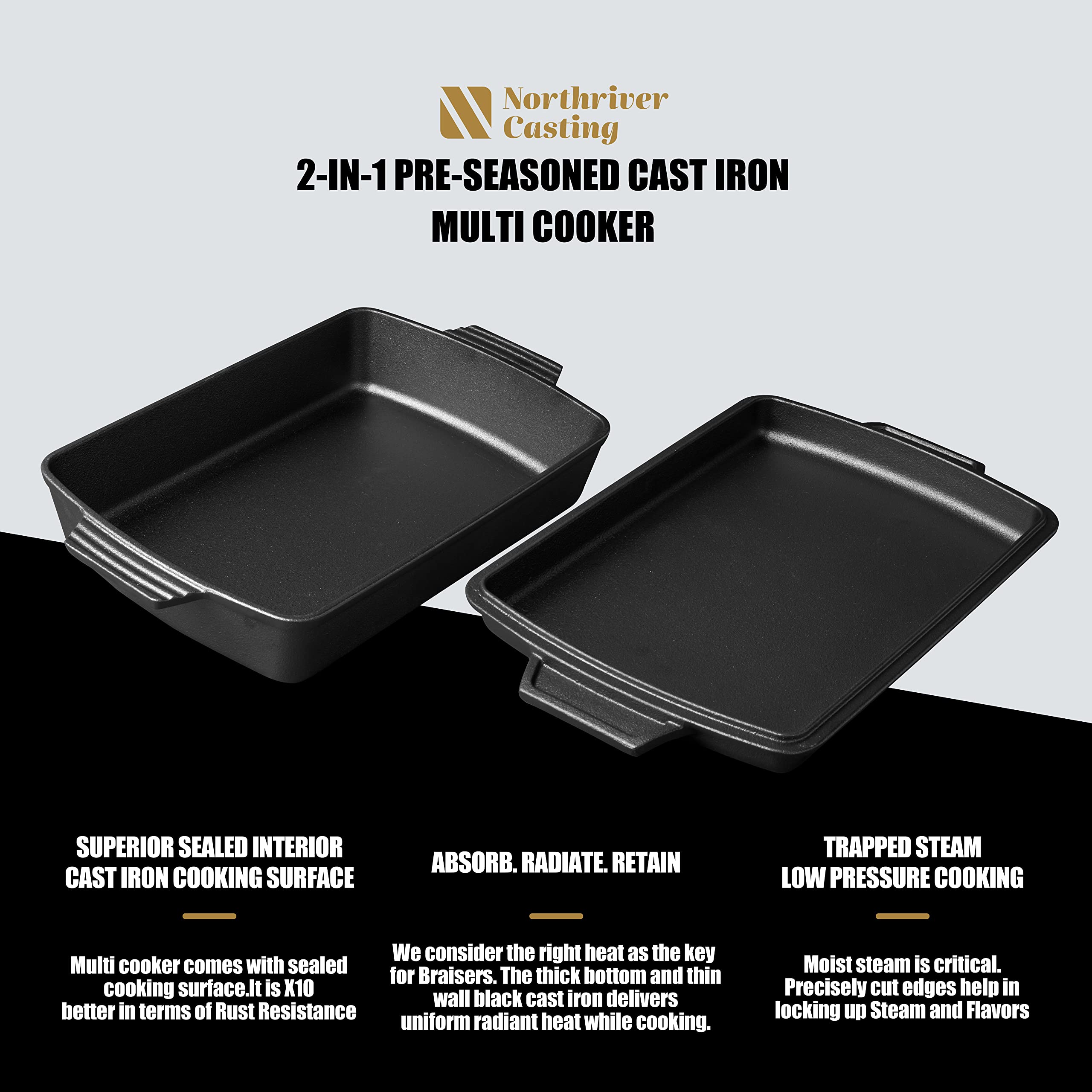 Northriver Casting gros plan texture fonte pré-assaisonnée offrant surface antiadhésive