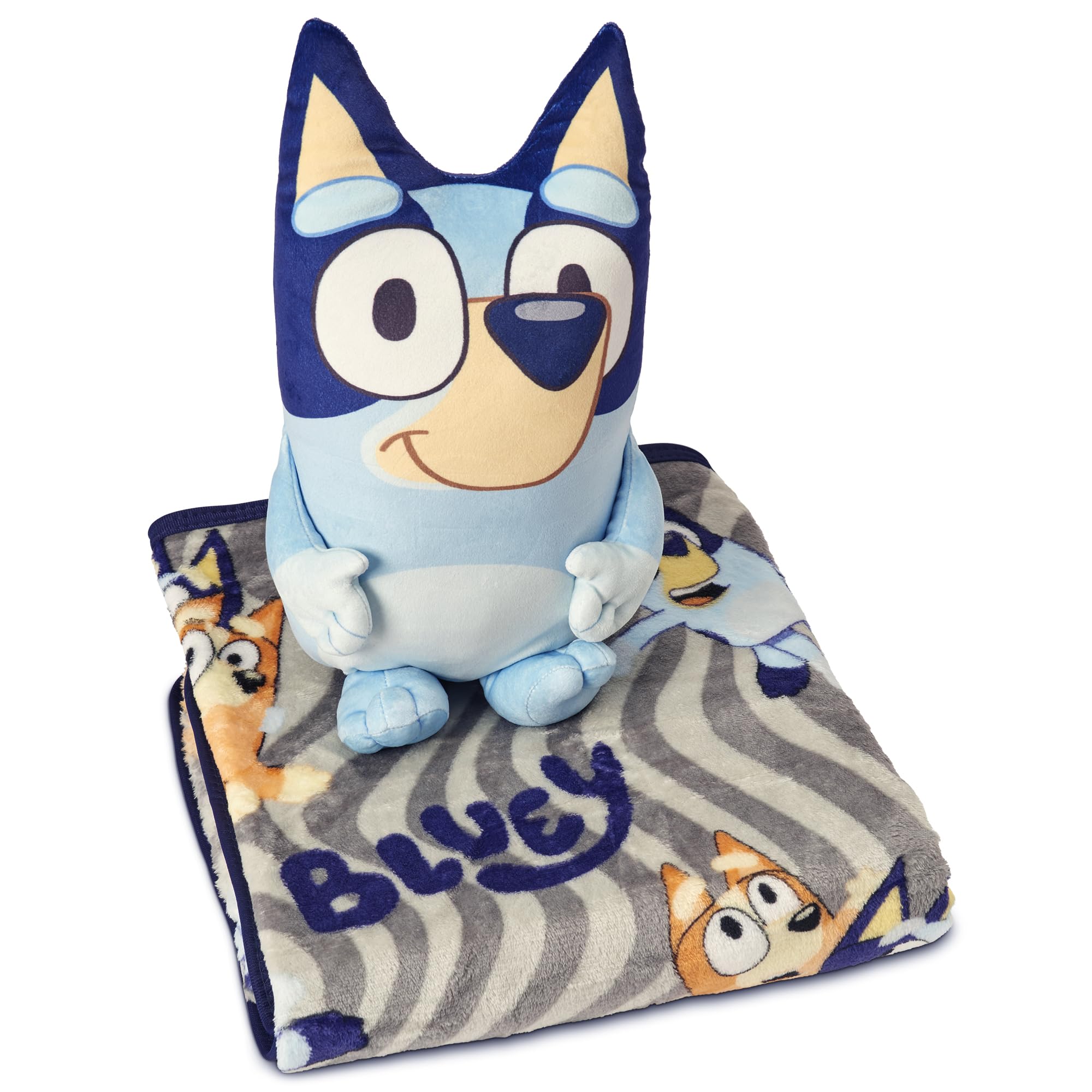 Northwest Bluey ensemble devant montrant le coussin et le plaid, parfait pour câlins