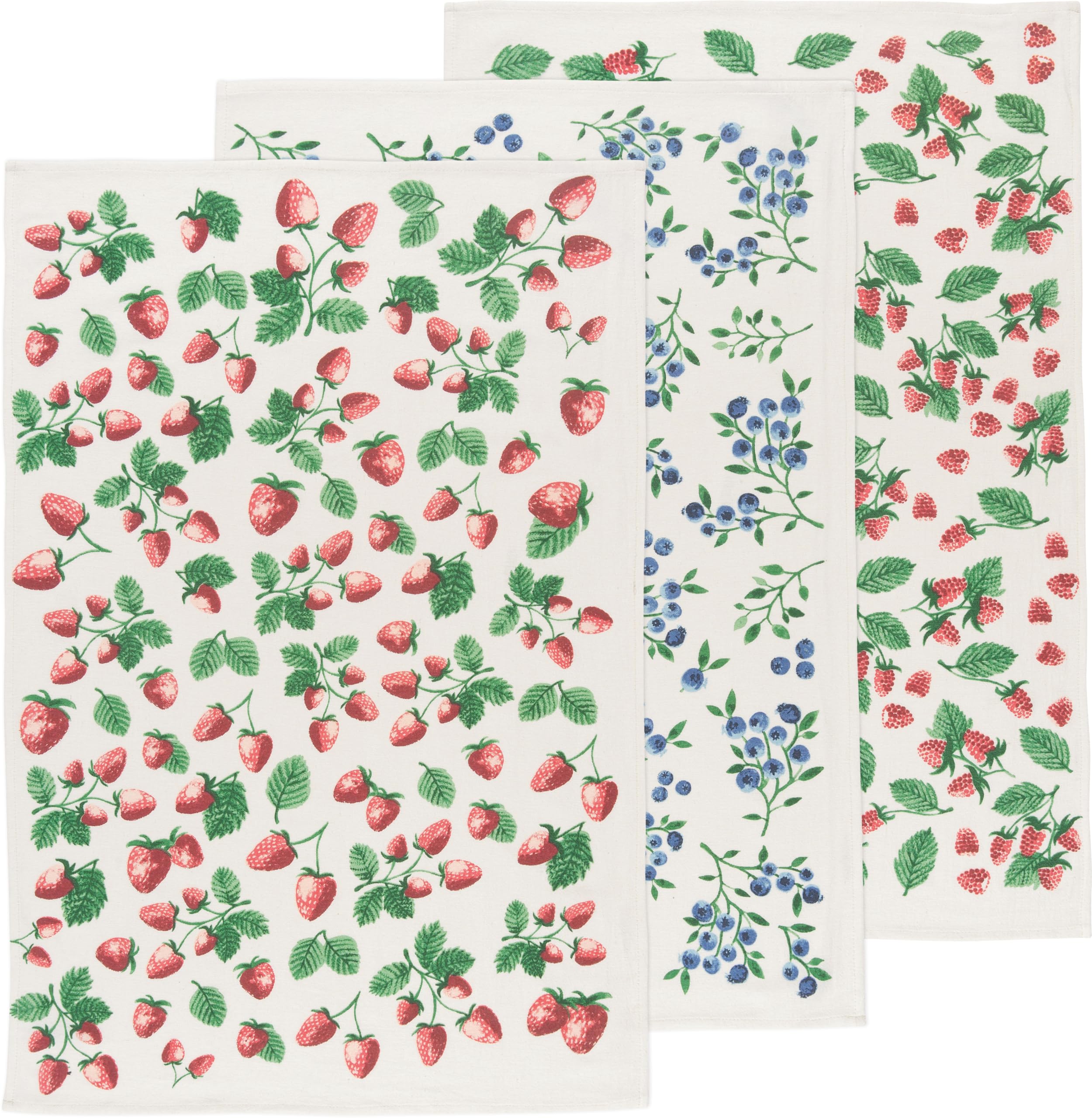 Now Designs vue avant du lot de 3 torchons Berry Patch, prêt à offrir