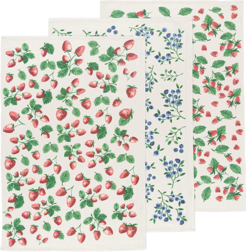 Now Designs vue avant du lot de 3 torchons Berry Patch, prêt à offrir