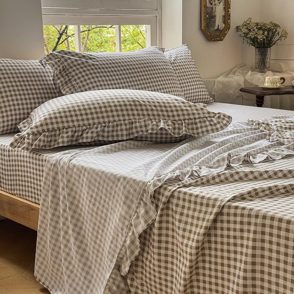 NSNLGSGC parure face ouverte montrant motif vichy tan et volants pour style chaleureux