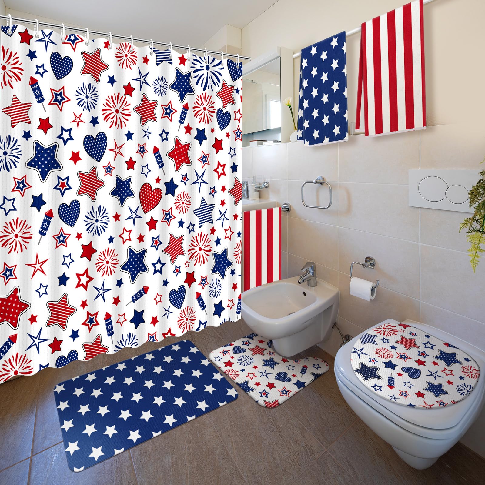 Nuanchu rideau de douche face montrant motif rouge blanc bleu et protection