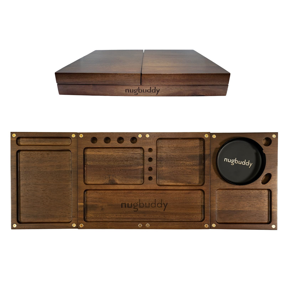 nugbuddy plateau face avant montrant le bois acacia et rangement organisé