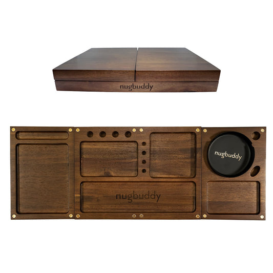 nugbuddy plateau face avant montrant le bois acacia et rangement organisé