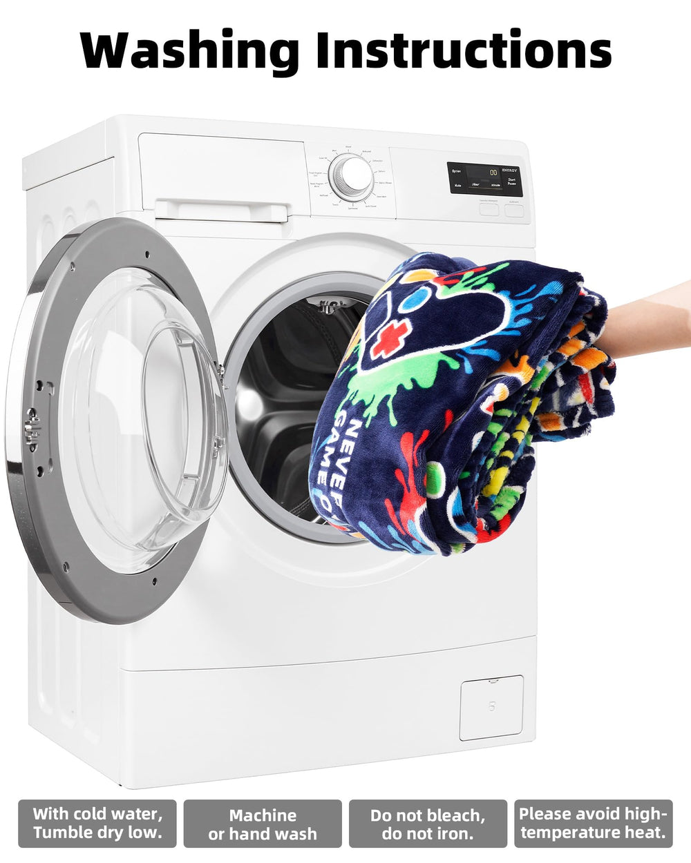 NuKuNsKf zoom étiquette entretien montrant lavage facile et durabilité