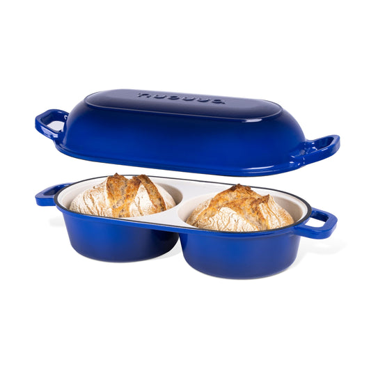nuovva cocotte double vue avant montrant deux compartiments et finition bleue durable