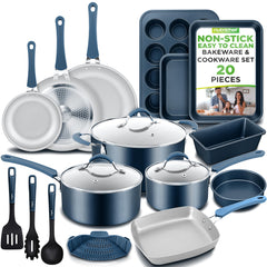 NutriChef ensemble 20 pièces face avant montrant toutes les pièces pour cuisine complète