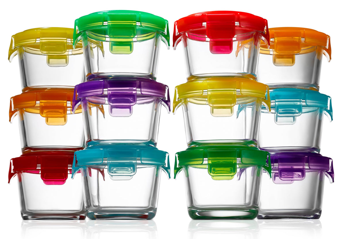 NutriChef vue d’ensemble des 12 contenants en verre et 12 couvercles, gain de place