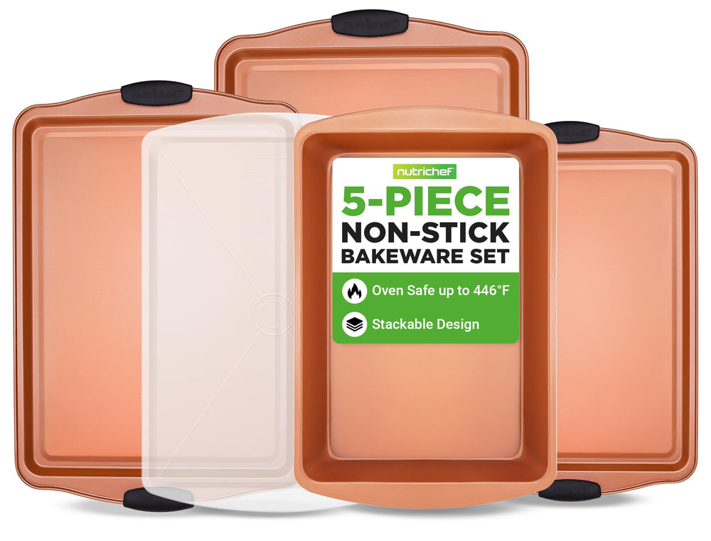 NutriChef ensemble plat face avant affichant les 5 pièces et avantage polyvalent
