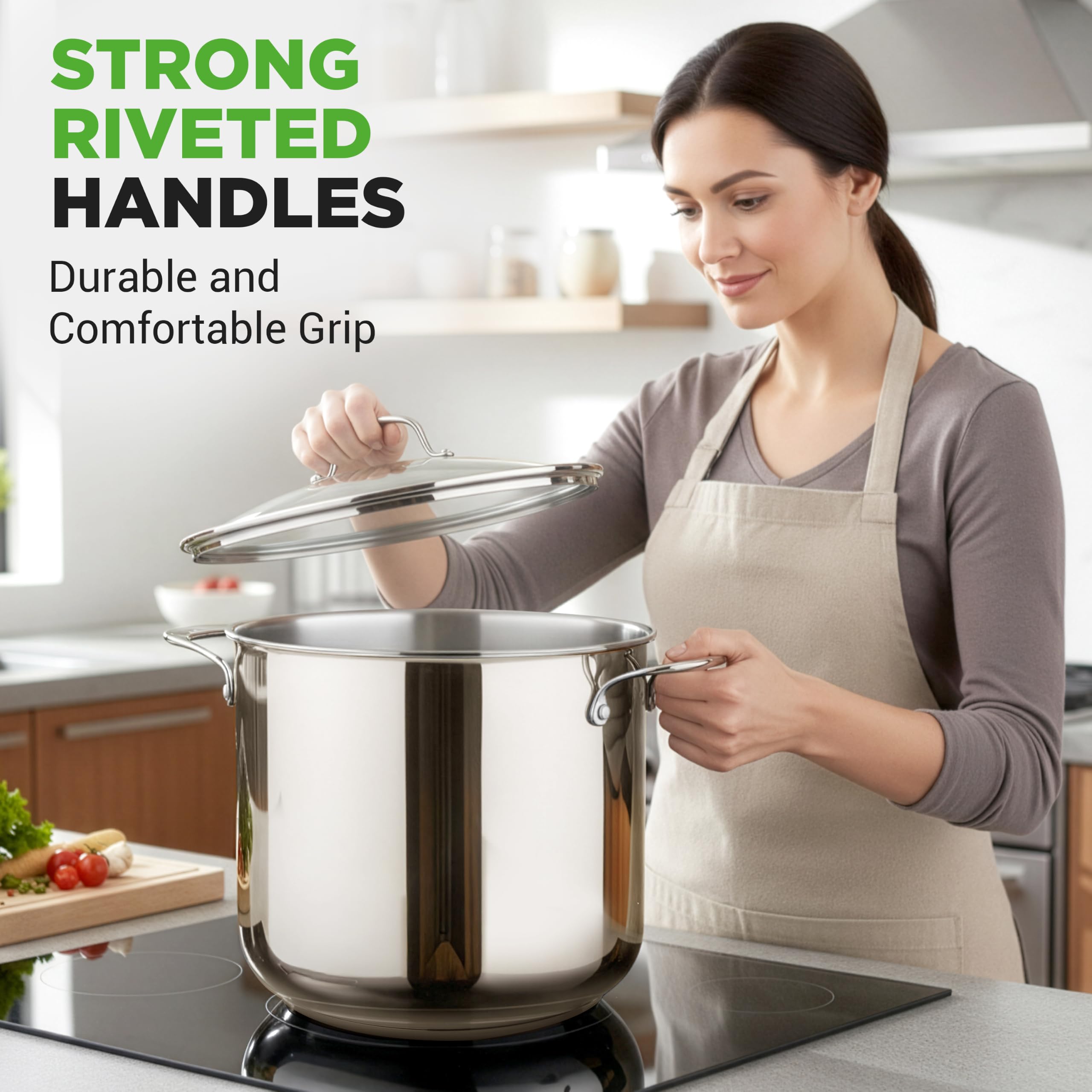 NutriChef faitout en usage avec soupe, illustre cuisson uniforme pour grandes quantités