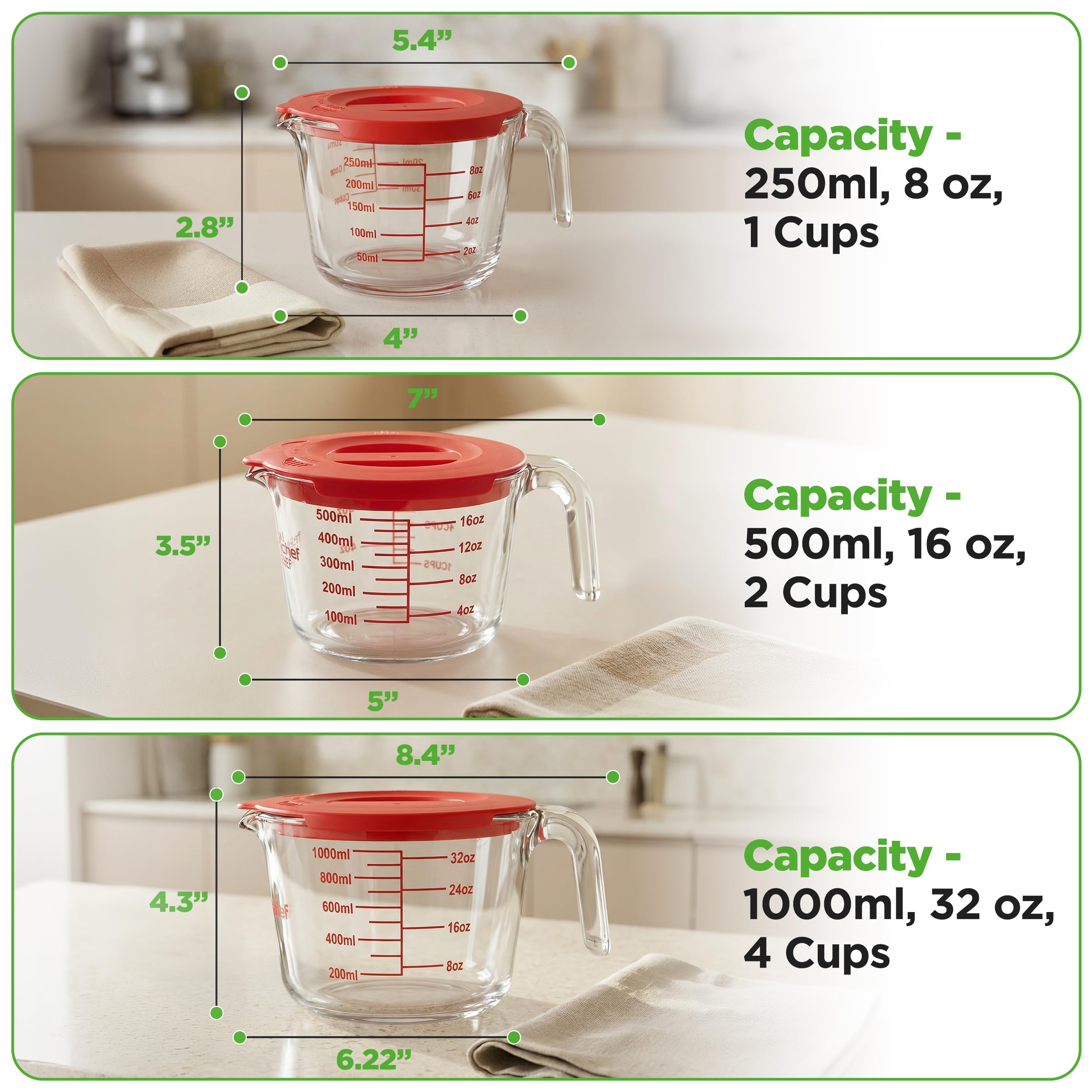 NutriChef cup à l’échelle avec main, indication claire des volumes