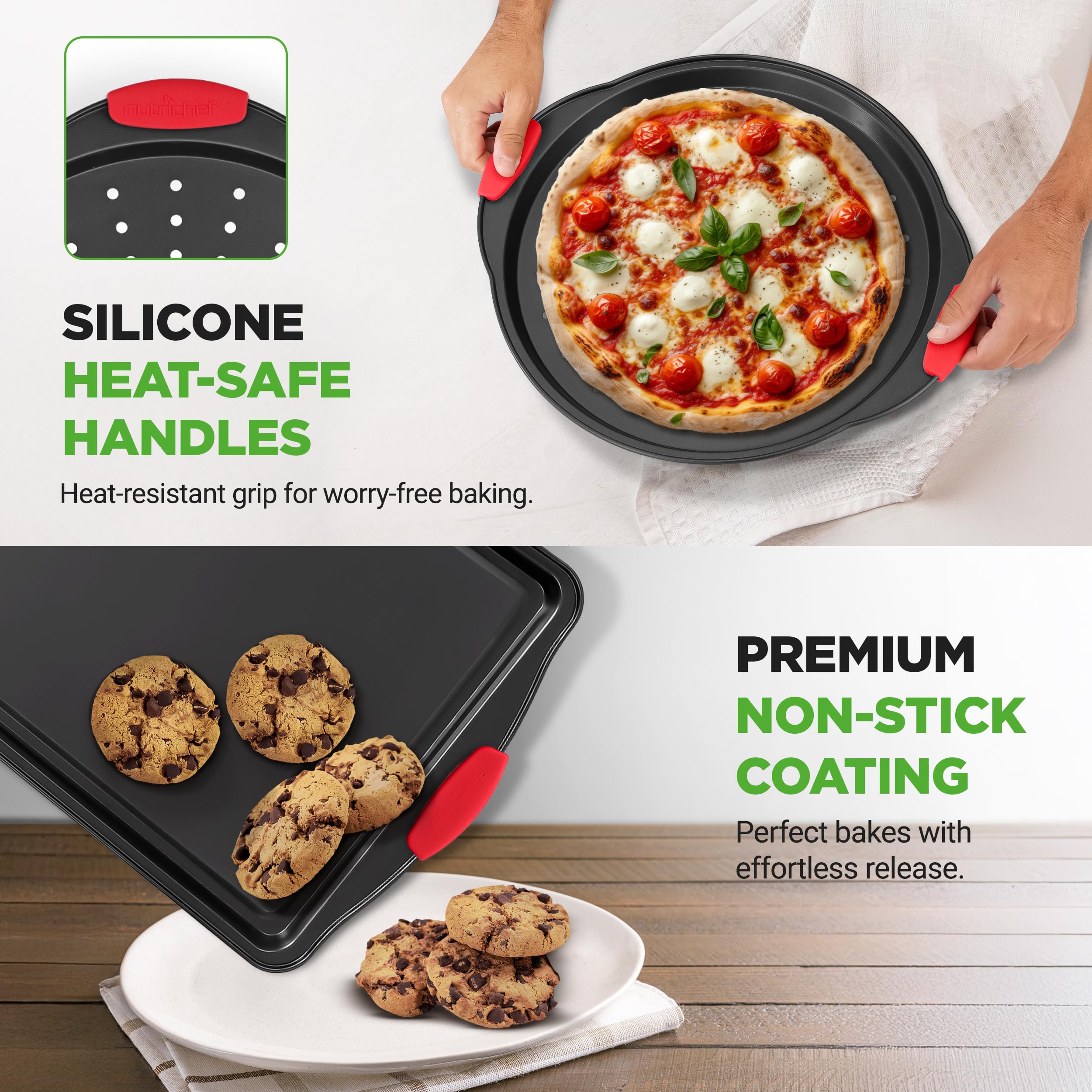 NutriChef plaques en cuisson montrant performance pour biscuits et pizza