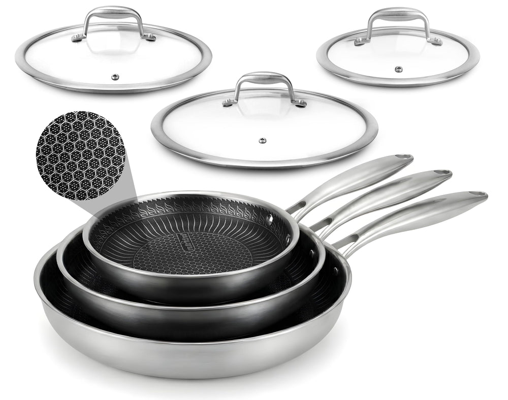 Image NutriChef ensemble de poêles avec couvercles montrant polyvalence