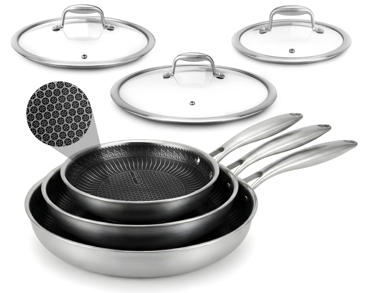 Image NutriChef ensemble de poêles avec couvercles montrant polyvalence
