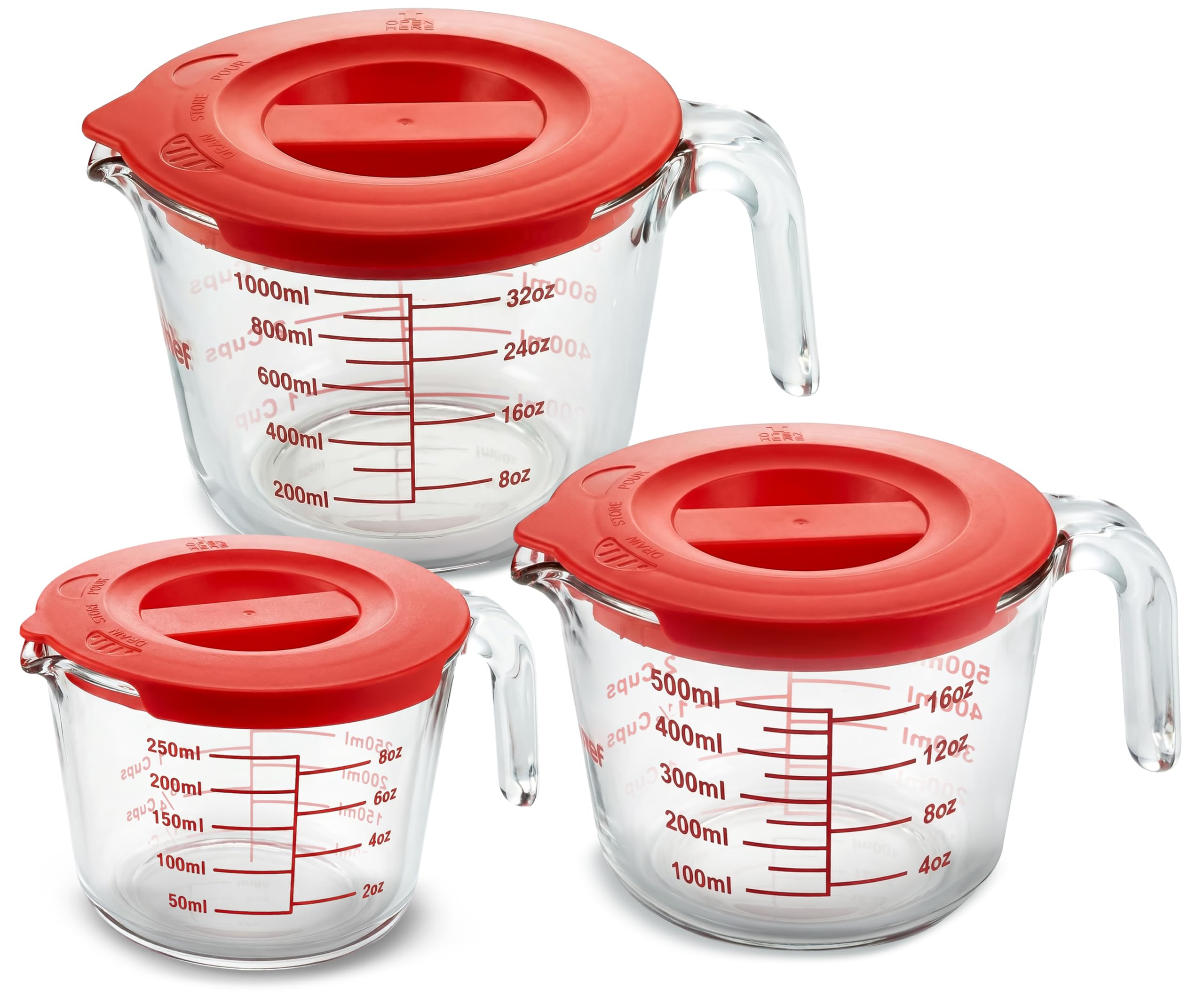 NutriChef trois cups face avant montrant tailles et couvercles, gain de place