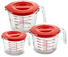 NutriChef trois cups face avant montrant tailles et couvercles, gain de place