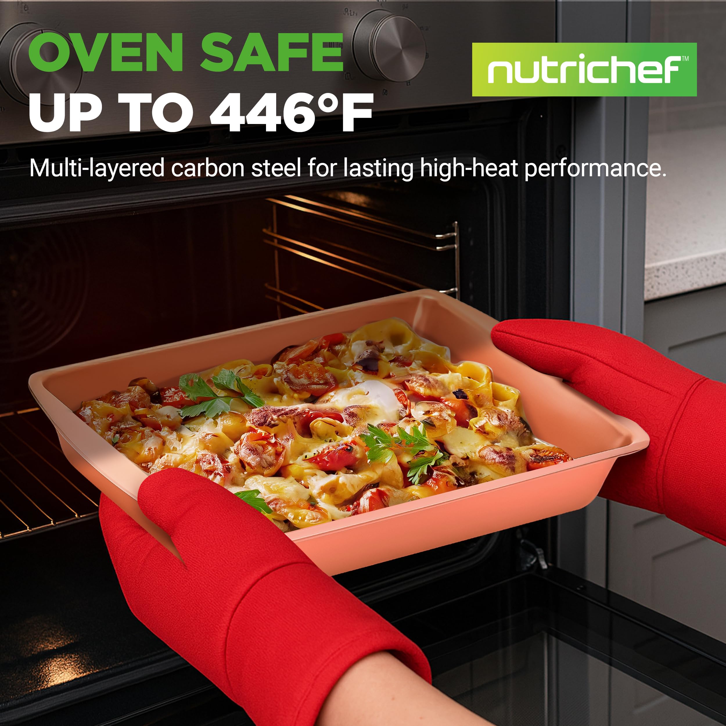NutriChef gros plan acier carbone montrant finition antiadhésive et durabilité