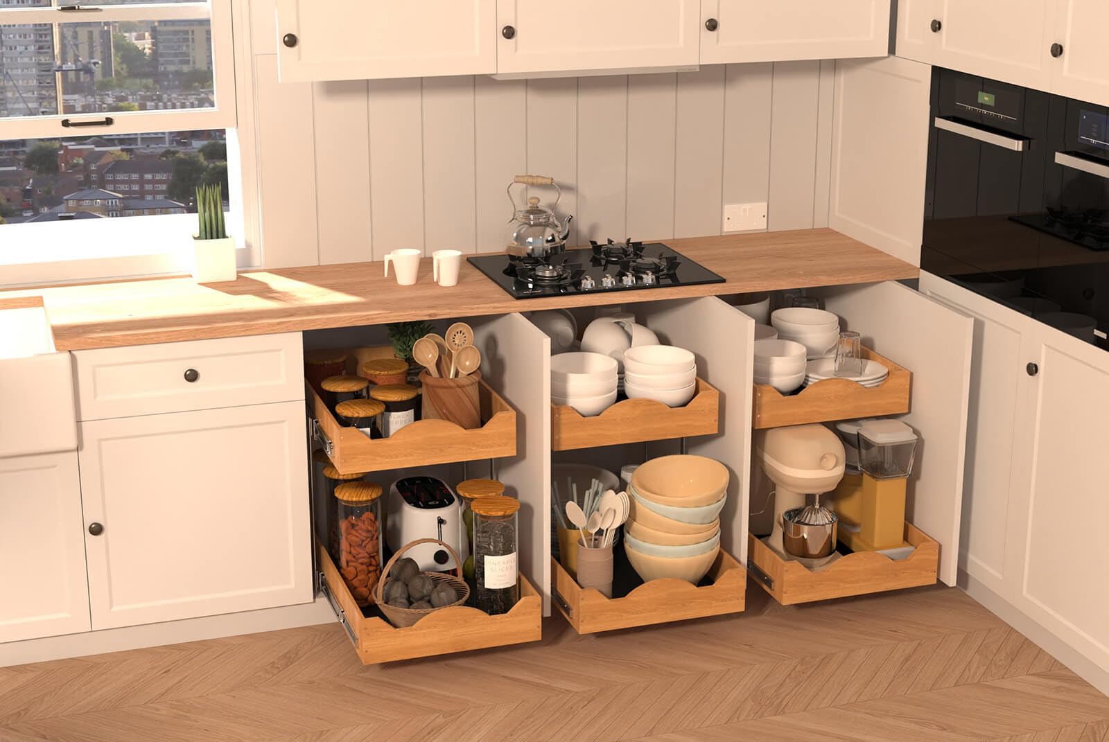 OCG tiroirs installés dans meuble de cuisine démontrant organisation pratique