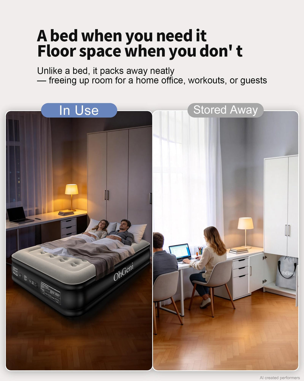 OhGeni matelas à côté d'objets pour comparaison d'échelle pratique