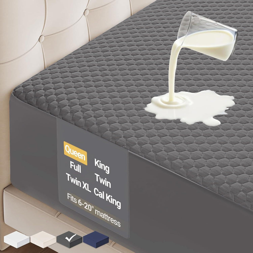 OhGeni protège-matelas devant Queen gris montrant coupe et ajustement pour protection