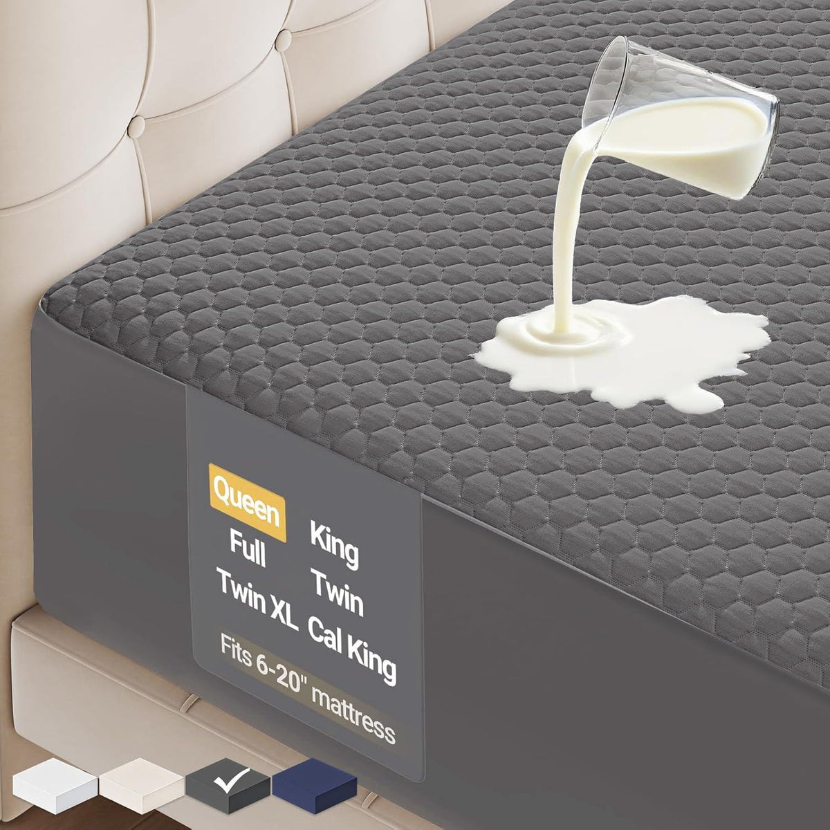 OhGeni protège-matelas devant Queen gris montrant coupe et ajustement pour protection