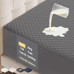 OhGeni protège-matelas devant Queen gris montrant coupe et ajustement pour protection