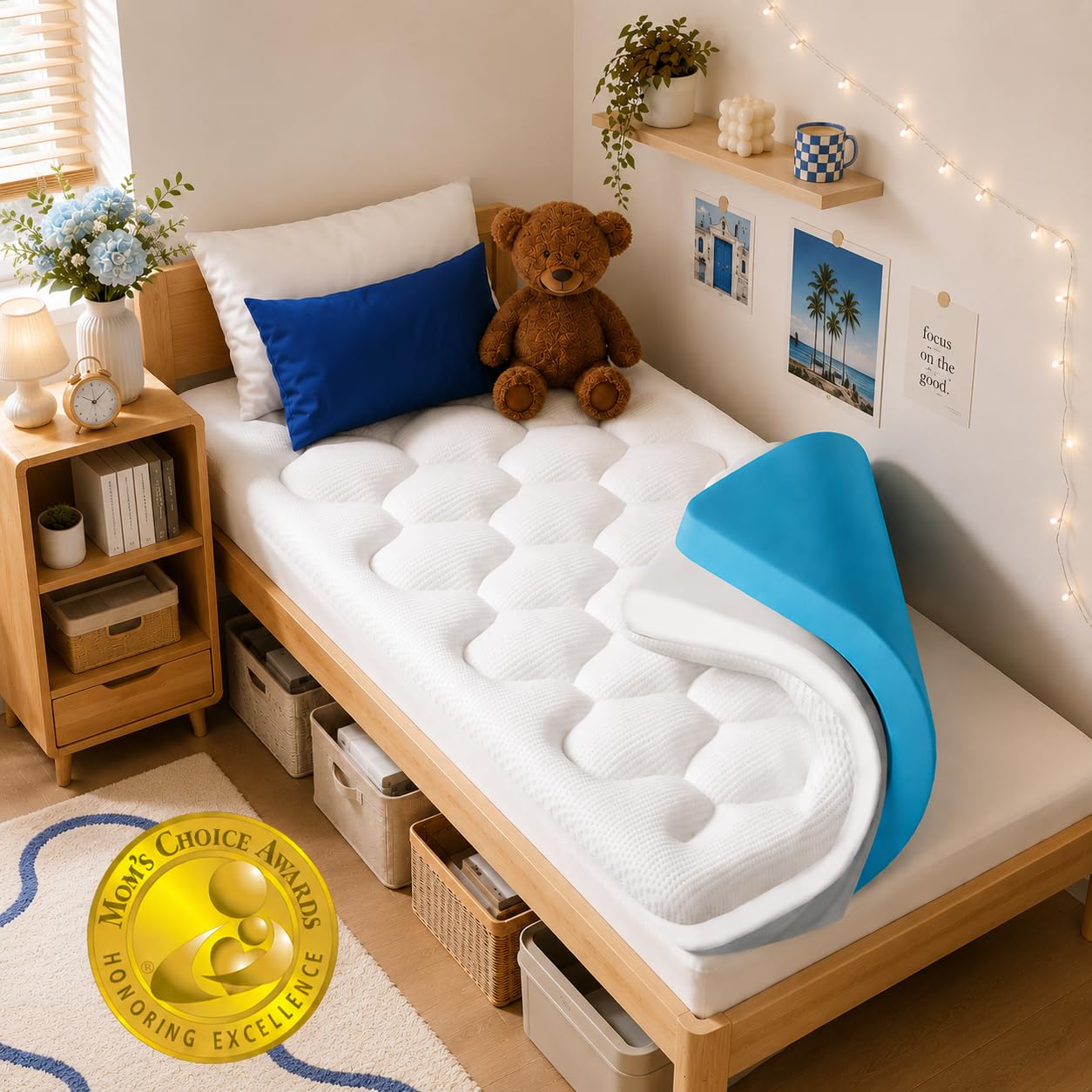 OhGeni surmatelas face avant emballé montrant gain d'espace