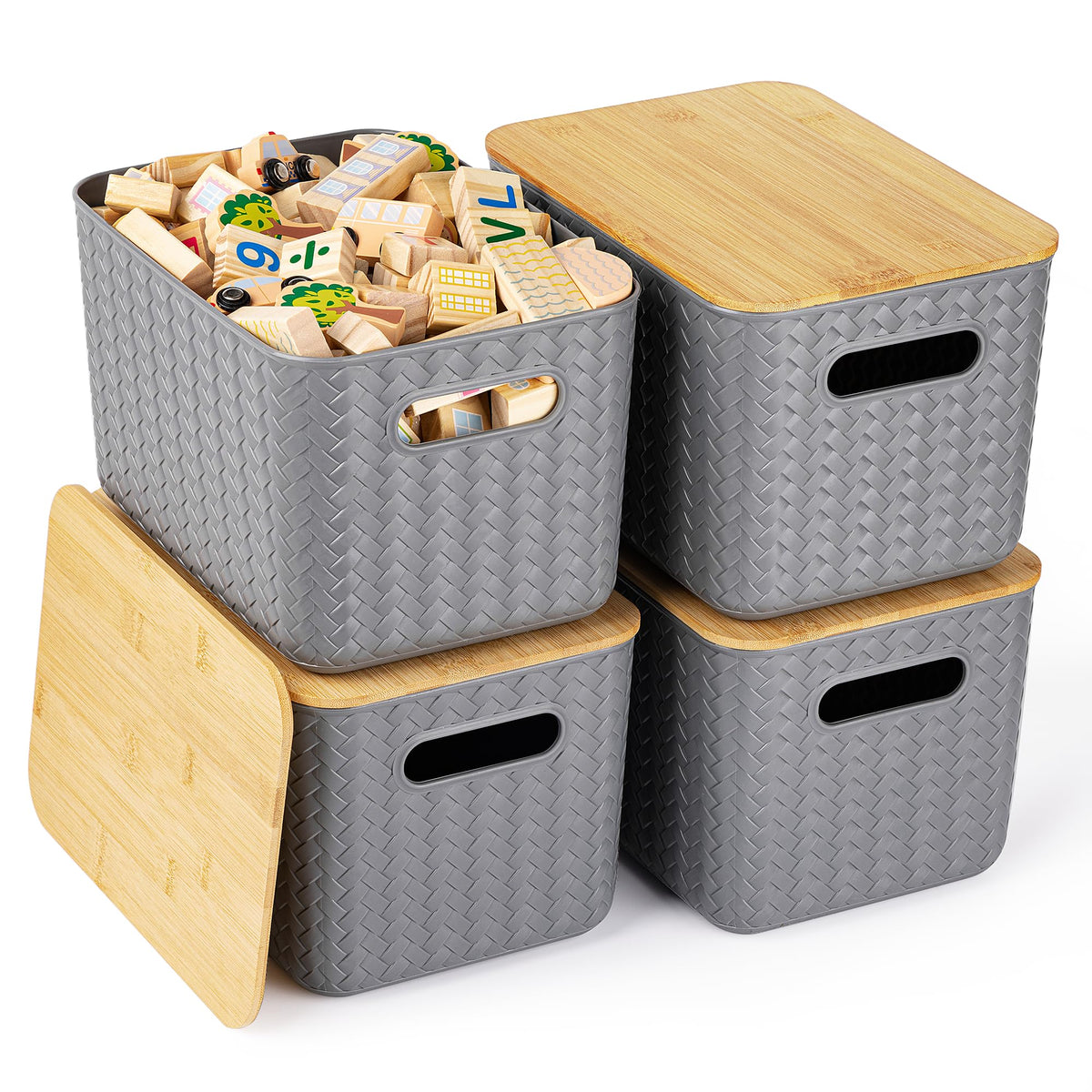 Ohmlove vue avant du panier avec couvercle bambou pour rangement esthétique