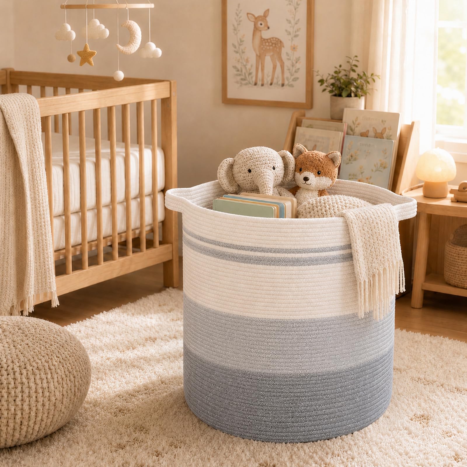 Panier OIAHOMY rempli de couvertures, capacité 80L pour linge volumineux