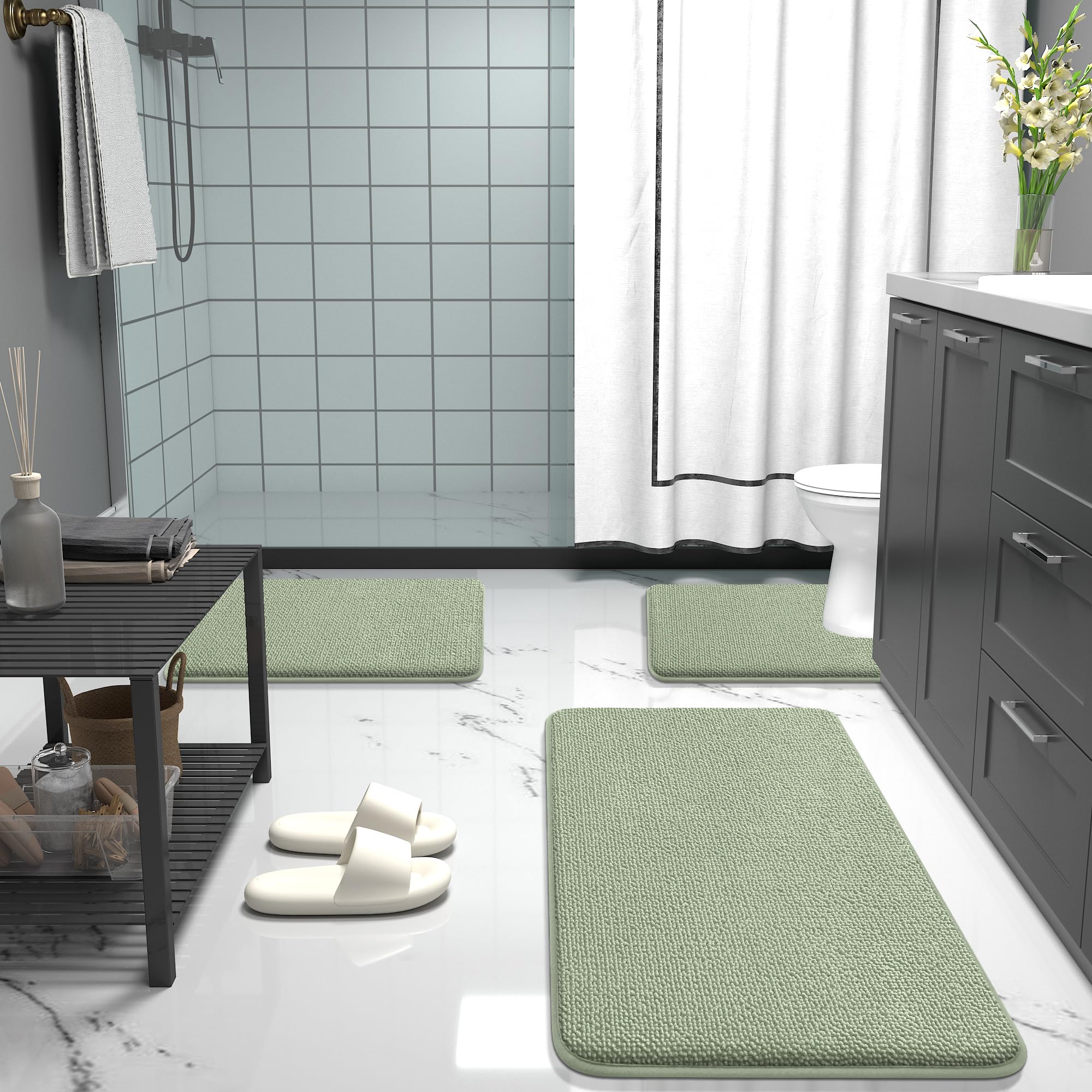 OLANLY mise en scène salle de bain modernisée par le tapis vert sauge