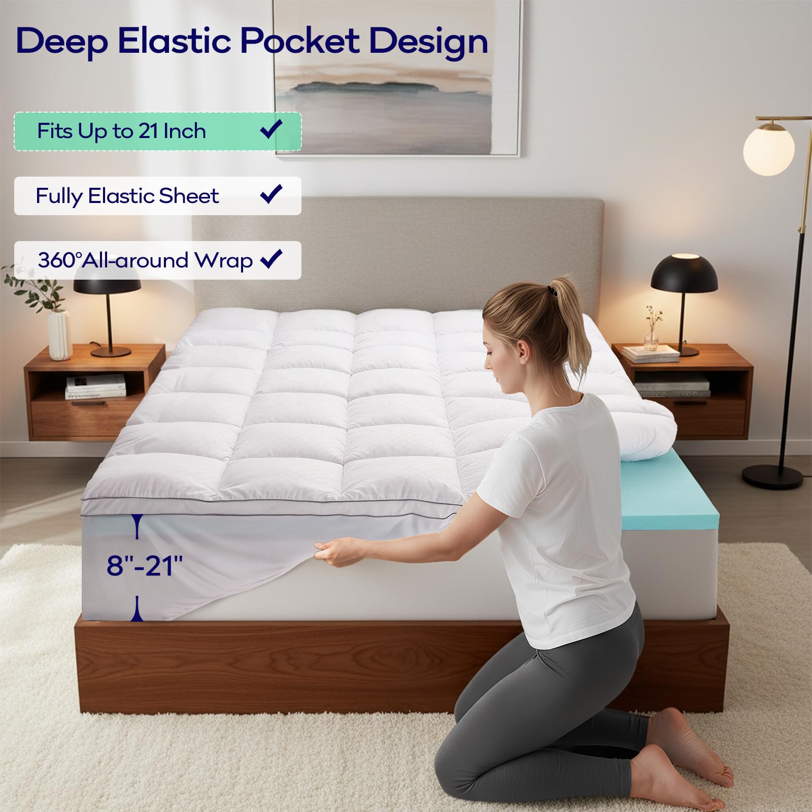 OLANLY surmatelas sur lit double, créant un espace de sommeil plus moelleux