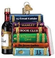 Old World Christmas ornement face montrant livres et bouteille, accent festif durable