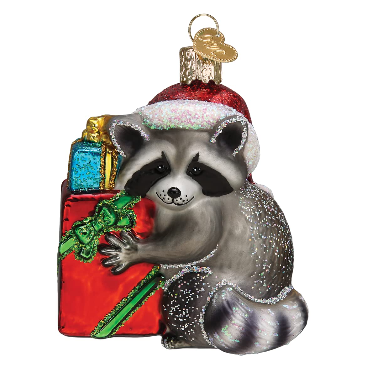 Old World Christmas raton laveur devant, fini brillant et charme festif