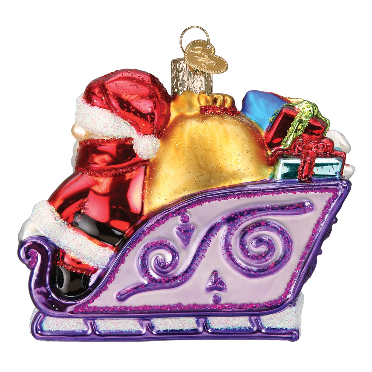 Old World Christmas gros plan peinture, détails précis et paillettes