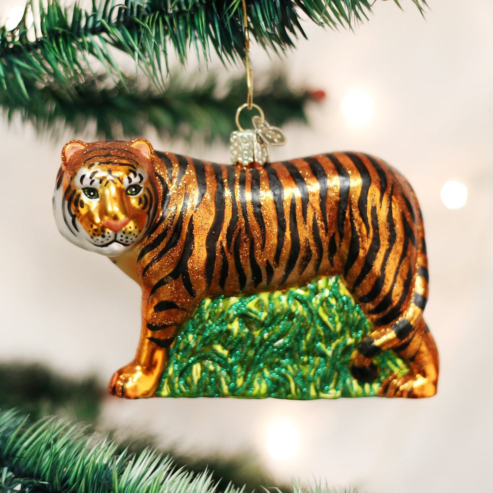 Old World Christmas tigre gros plan peinture et paillettes durables