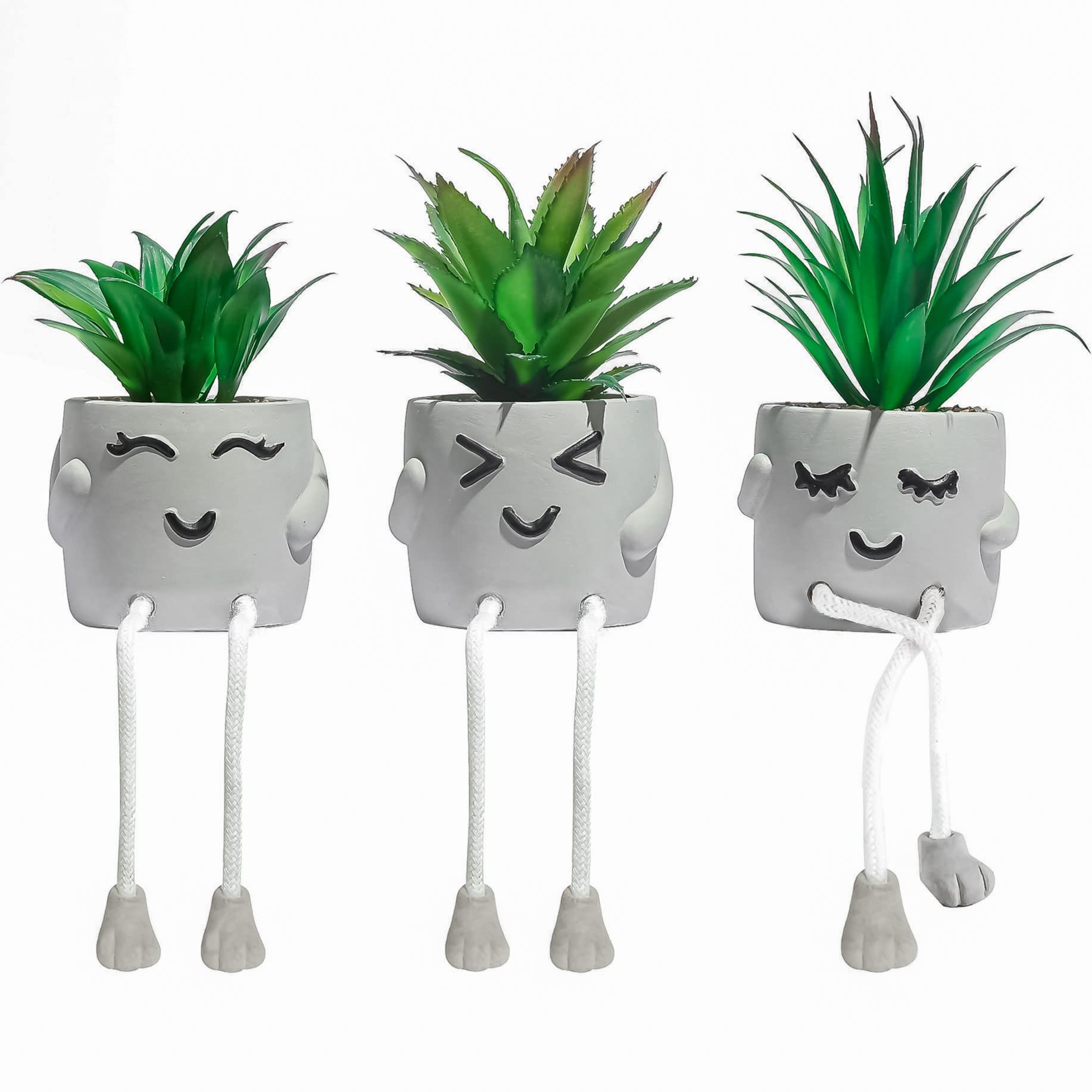 OLEEK plante artificielle vue de face montrant le pot et le visage amusant, apporte gaieté au bureau