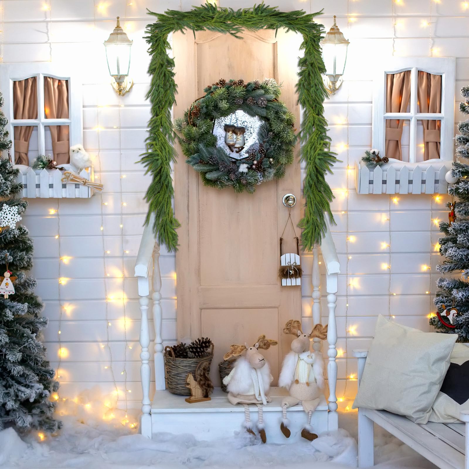Oleitodh guirlande installée sur un porche extérieur ajoutant une touche festive