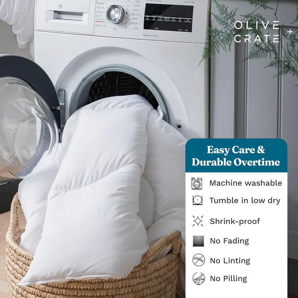 Olive + Crate couette dans machine illustrant lavage simple et entretien