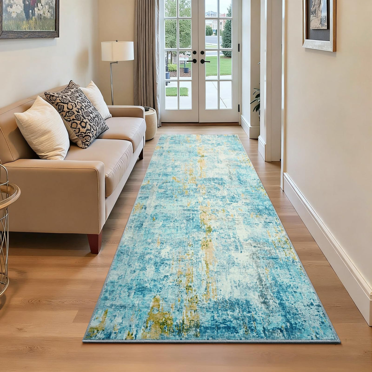 Ompaa vue frontale du tapis couloir, design bleu sarcelle et aspect moderne