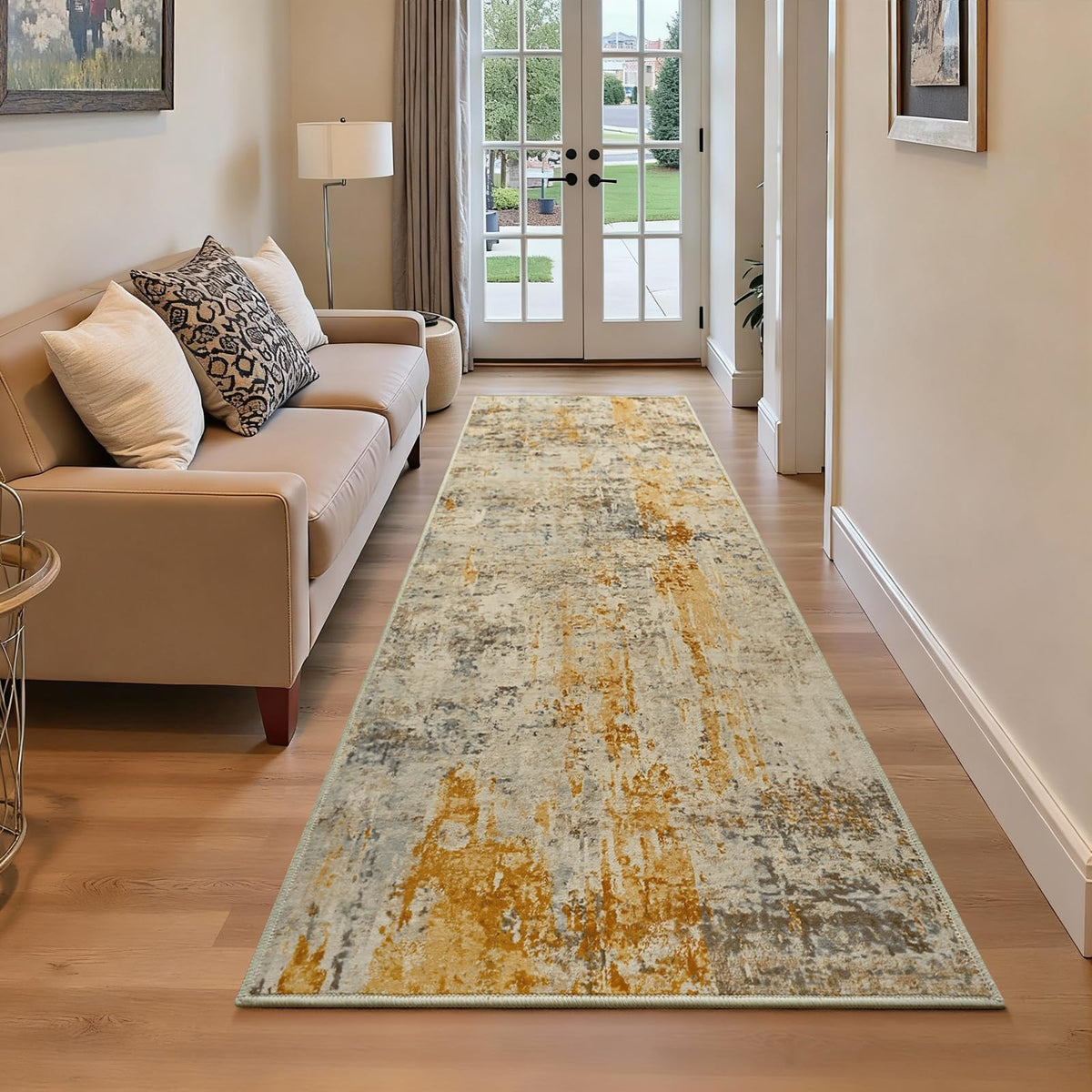 Ompaa tapis runner 2x6 face pleine beige montrant design abstrait et confort