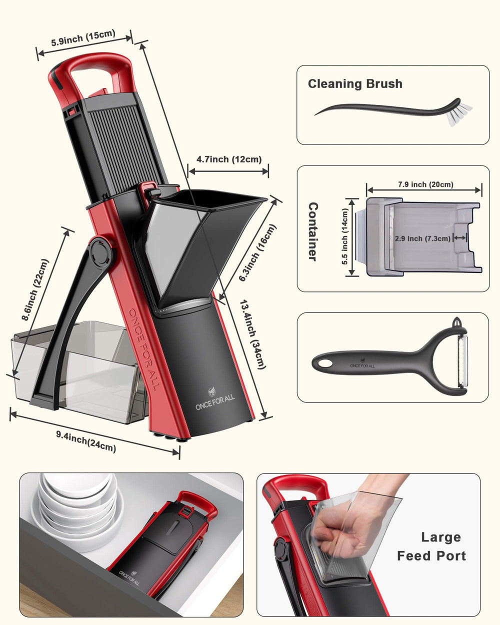 ONCE FOR ALL comparaison taille main illustrant capacité et ergonomie