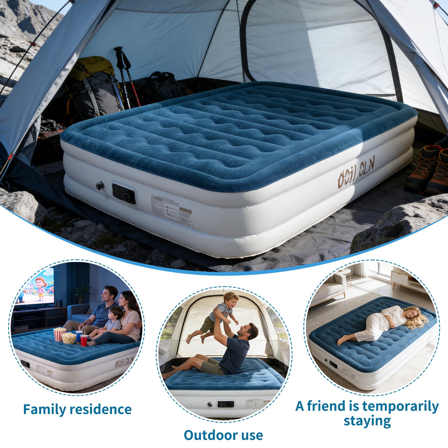 ooiloln matelas gonflé à côté d’une personne pour comparaison d’échelle et confort réel